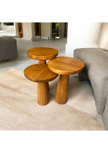 Tik Ağacı Renk Ahşap Mantar Sehpa 3’lü Set – Masif Doğal Zigon Fiskos Sehpa fırsatları