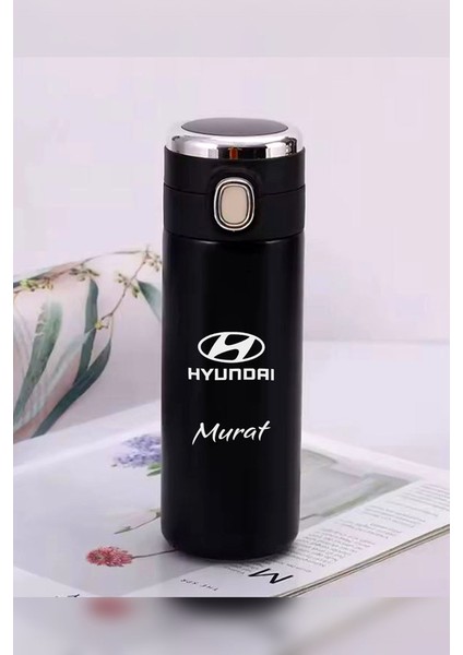 Kişiye Özel 450 ml Dijital Isı Göstergeli Kilitli Kapaklı Paslanmaz Çelik Araç Baskılı Termos