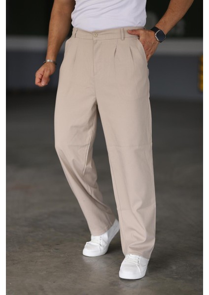 Baggy Çift Pileli Krem-Bej Renk Beli Lastikli Kaliteli Rahat Kesim Klasik Bol Paça Baggy Pantolon fiyatları