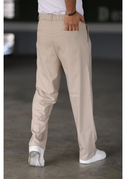 Baggy Çift Pileli Krem-Bej Renk Beli Lastikli Kaliteli Rahat Kesim Klasik Bol Paça Baggy Pantolon modelleri