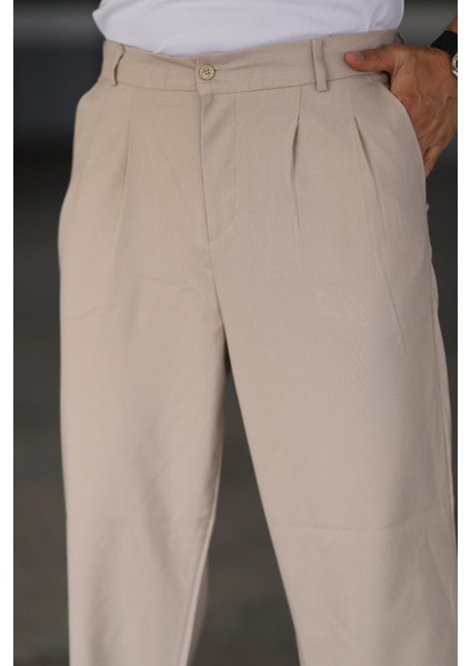 Baggy Çift Pileli Krem-Bej Renk Beli Lastikli Kaliteli Rahat Kesim Klasik Bol Paça Baggy Pantolon fırsatları