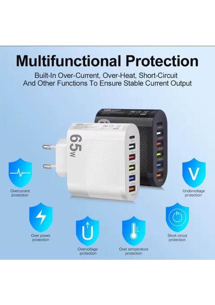 Muti 6 Portlu Şarj Cihazı 65 W USB Yüksek Hızlı Hızlı Şarj Pd Cep Telefonu Duvar Adaptörü, Şarj Adaptörü