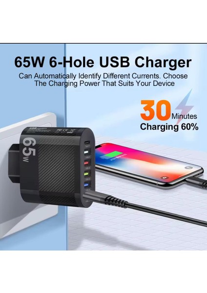 Muti 6 Portlu Şarj Cihazı 65 W USB Yüksek Hızlı Hızlı Şarj Pd Cep Telefonu Duvar Adaptörü, Şarj Adaptörü fiyatları