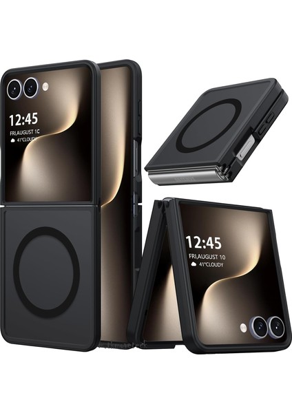 Samsung Galaxy Z Flip 7 Kılıf Kamera Çıkıntılı Mat Magsafe Wireless Şarj Destekli Siyah Yumuşak Renkli Kenarlı Hassas Butonlu Mat Kapak