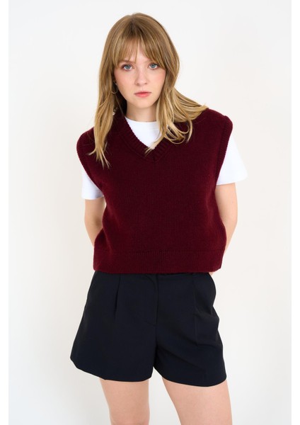 Kadın Bordo V Yaka Düz Süveter