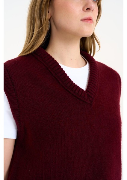 Kadın Bordo V Yaka Düz Süveter fiyatları