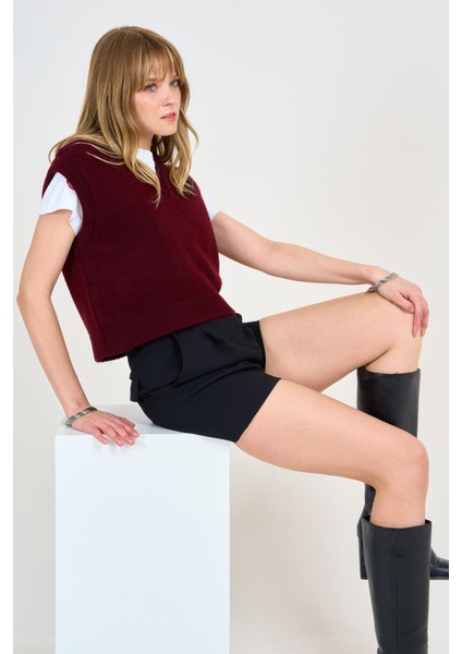 Kadın Bordo V Yaka Düz Süveter modelleri