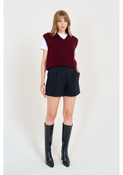 Kadın Bordo V Yaka Düz Süveter fırsatları