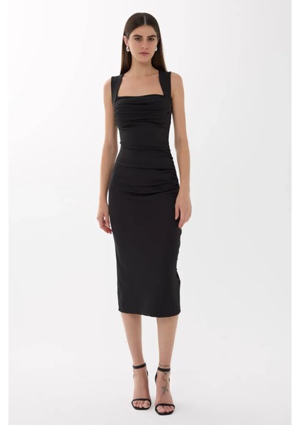 Kadın Burmalı Orta Boy Elbise Siyah modelleri