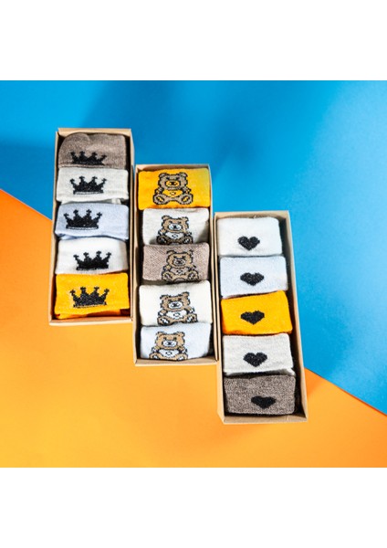 15 Çift Erkek Bebek Çorap Kutulu Patik Boy – Ayıcık, Taç ve Kalp Desenli, Pamuklu modelleri