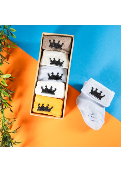 15 Çift Erkek Bebek Çorap Kutulu Patik Boy – Ayıcık, Taç ve Kalp Desenli, Pamuklu