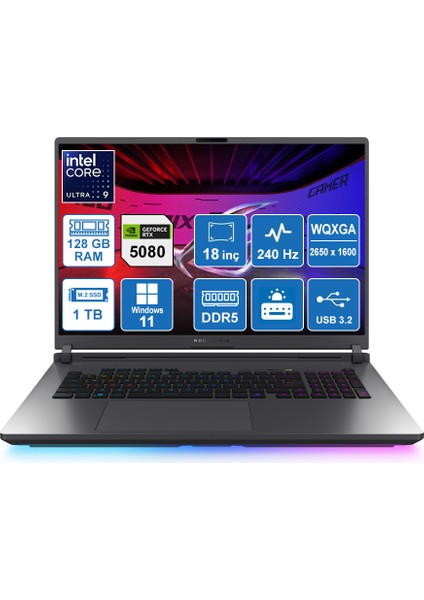 Rog Strix G18 G815LW-S9127 Ultra 9-275HX/128GB/1TB/RTX5080-16GB/W11P/18" Taşınabilir Bilgisayar
