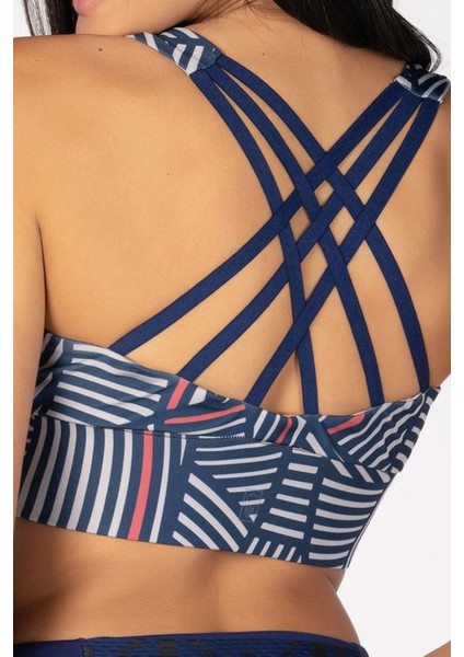 Lacivert Gri Çizgili Yüksek Destekli Sırt Detaylı Kaplı Spor Sütyeni fiyatları
