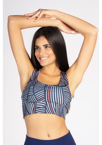 Lacivert Gri Çizgili Yüksek Destekli Sırt Detaylı Kaplı Spor Sütyeni