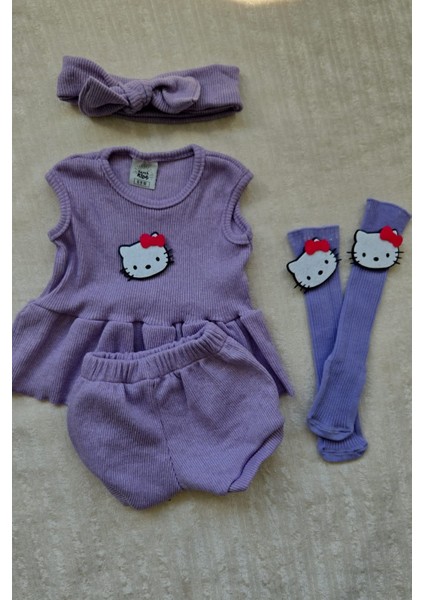 Lila Ribana Kız Çocuk Şort Bluz Bandana Hello Kity Keçeli Lila Çorap Set Takım