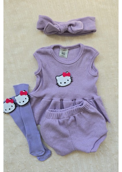 Lila Ribana Kız Çocuk Şort Bluz Bandana Hello Kity Keçeli Lila Çorap Set Takım fiyatları