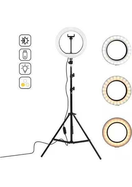 LED Işıklı Ayaklı Tripod 10 Inç Halka - Telefon Tutucu Youtuber Tiktok ve 2.10 cm