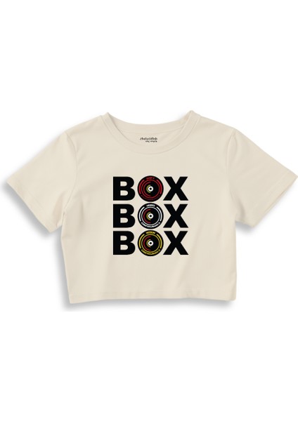Box Box Box Crop Tişört - Ekru