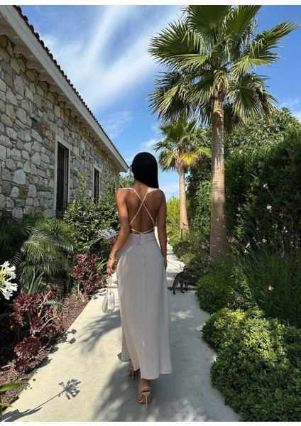 Dekolteli Maxi Elbise 3041 - Bej fırsatları