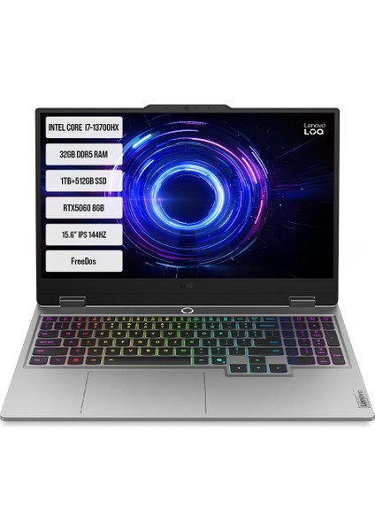 Loq 15IRX10 83JE00LFTR-06 I7-13700HX 32GB Ddr5 1TB+512GB SSD RTX5060 8gb 15.6" IPS 144Hz Freedos