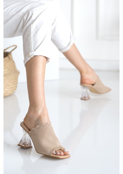 Günlük Kadın Örme Dantelli Triko Terlik 7 cm Şeffaf Topuklu Ayakkabı 4800