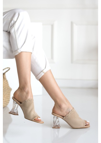 Günlük Kadın Örme Dantelli Triko Terlik 7 cm Şeffaf Topuklu Ayakkabı 4800 fiyatları