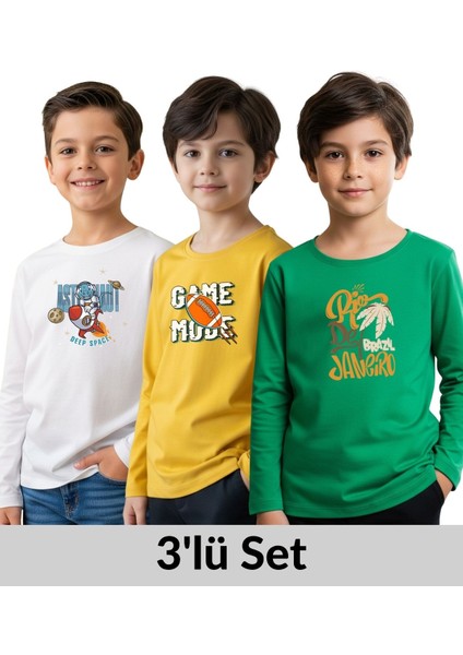Erkek Çocuk Bisiklet Yaka Baskı Detaylı 3'lü Basic Sweatshirt