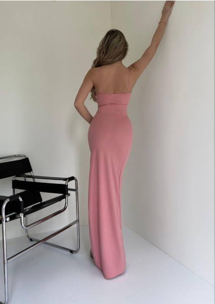 Askılı Yırtmaçlı Maxi Elbise 3036 - Pembe fiyatları