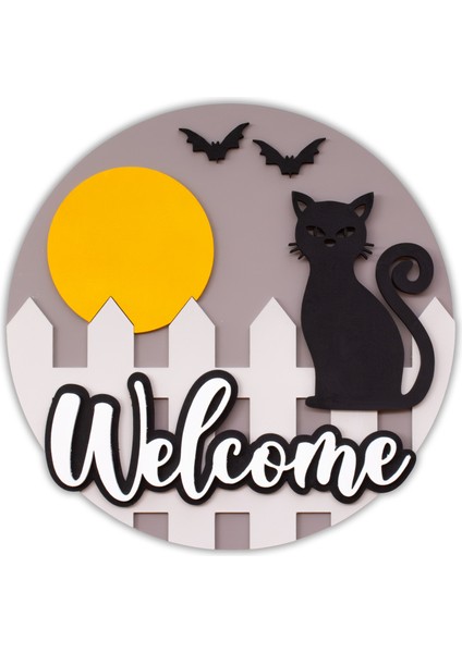 Ahşap Halloween Temalı Kara Kedi Kapı Süsü