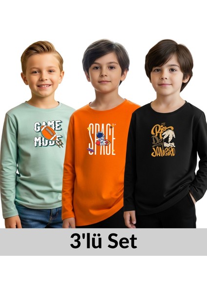 Erkek Çocuk Bisiklet Yaka Baskı Detaylı 3'lü Basic Sweatshirt
