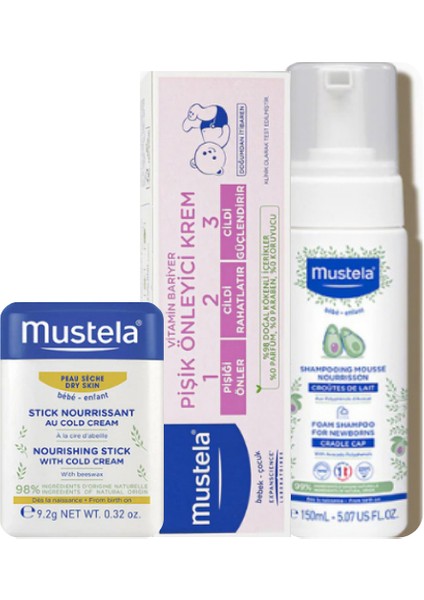 Doğal Içerikli Bebek Bakım Seti Köpük Şampuan 150 Ml, Pişik Kremi 50ML, Besleyici Stick 9.2 gr