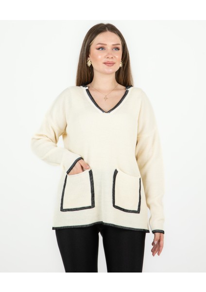 V Yaka Cepli Kazak Ekru fiyatları