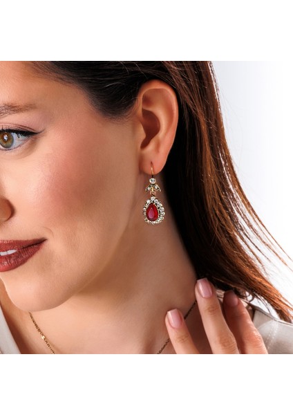 Hürrem Sultan Kırmızı Bakır El Yapımı Kristal Taşlı Kararma Yapmaz Kadın Küpe Kutulu