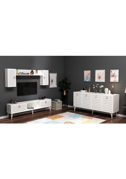 Aronact Tv Ünitesi ve Konsol 2'li Salon Takımı Beyaz Beyaz