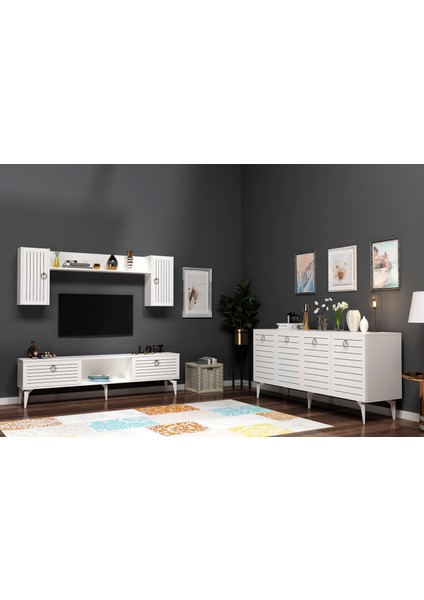 Aronact Tv Ünitesi ve Konsol 2'li Salon Takımı Beyaz Beyaz indirimleri