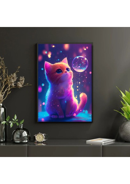 Kanvas Tablo Dijital Baskı Tatlı Kedi ve Baloncuk Tablosu Salon Duvar Tablosu