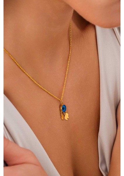 14 Ayar Altın Damla Pullu Mavi Gözlü Kolye fırsatları