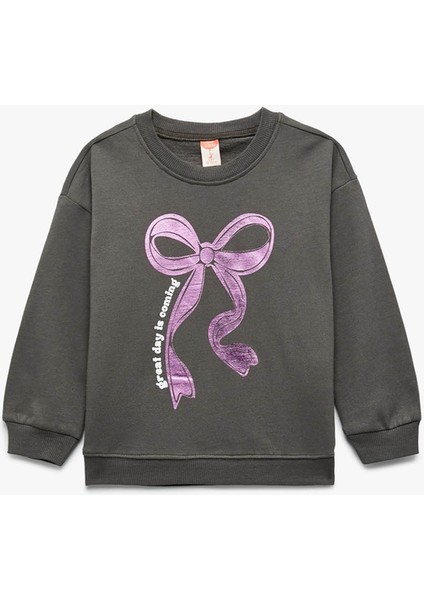 Şardonlu Bisiklet Yaka Fiyonk Baskılı Antrasit Kız Bebek Sweatshirt 6WMG10102AK