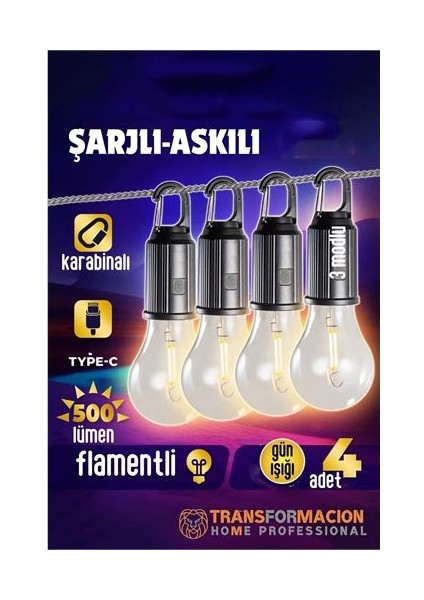 Askılı Portatif Şarjlı Askılı Ampül - 4 Lü Kamp Lambası - Acil Durum Lambası fiyatları