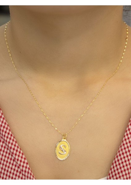 14 Ayar Altın Aynalı Oval S Harfli Kolye