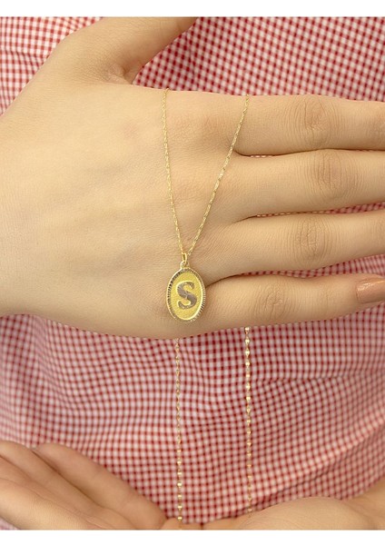 14 Ayar Altın Aynalı Oval S Harfli Kolye modelleri