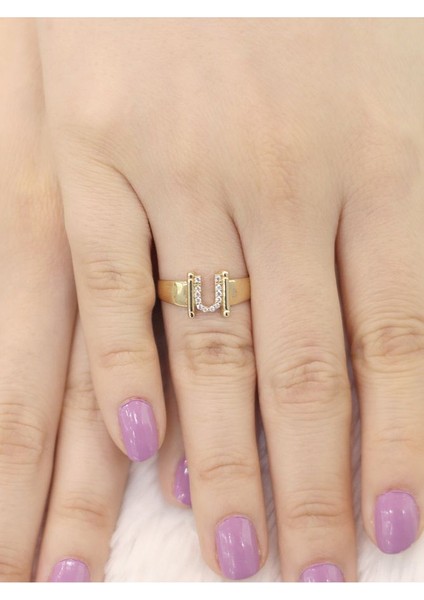 14 Ayar Altın Küçük U Harfli Taşlı Yüzük