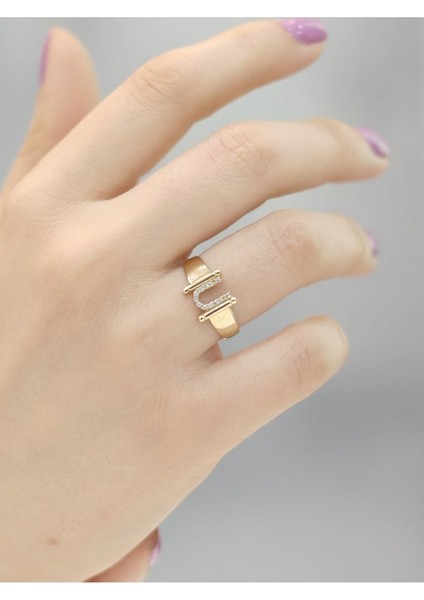 14 Ayar Altın Küçük U Harfli Taşlı Yüzük indirimleri