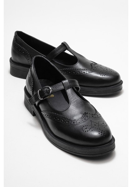 Janney Siyah Cilt Hakiki Deri Bantlı Kadın Loafer Ayakkabı