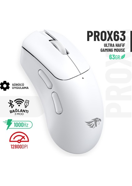 63B Bluetooth Kablosuz Kablolu Şarjlı 12800 Dpı Gaming Mouse Makrolu Ultra Hafif Oyuncu Mouse Beyaz