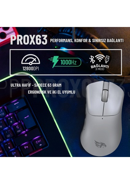 63B Bluetooth Kablosuz Kablolu Şarjlı 12800 Dpı Gaming Mouse Makrolu Ultra Hafif Oyuncu Mouse Beyaz fiyatları