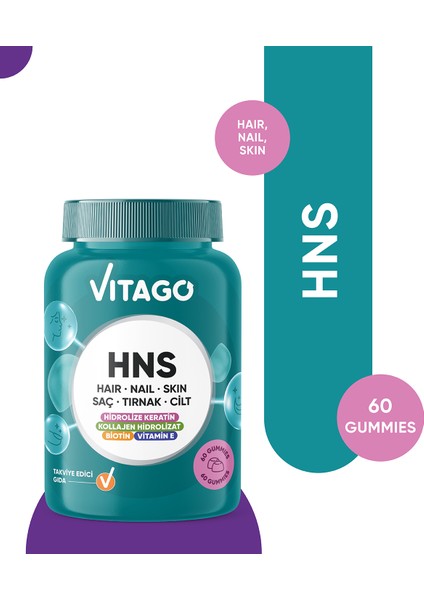 Hns Hair Nail Skin Biotin, Folik Asit, Vitamin E ve Hidrolize Keratin Içeren 60 Adet Çiğnenebilir(Gummies) Form Takviye Edici Gıda