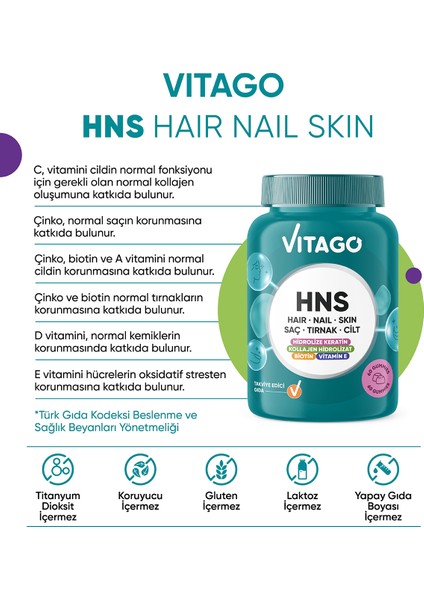 Hns Hair Nail Skin Biotin, Folik Asit, Vitamin E ve Hidrolize Keratin Içeren 60 Adet Çiğnenebilir(Gummies) Form Takviye Edici Gıda fiyatları