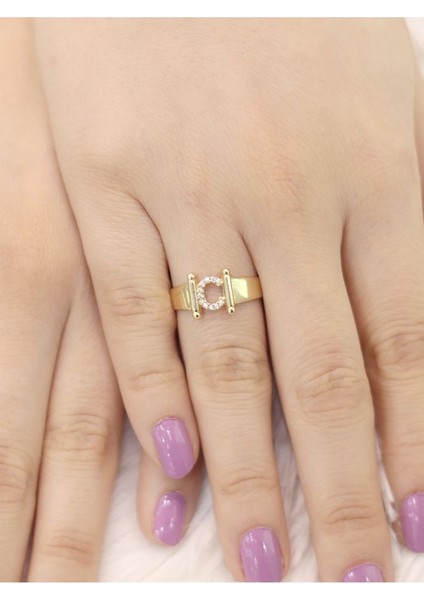 ZEYNEPLİ GOLD 14 Ayar Altın Küçük C Harfli Taşlı Yüzük