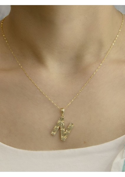 ZEYNEPLİ GOLD 14 Ayar Altın Büyük Füzyon N Harfli Kolye